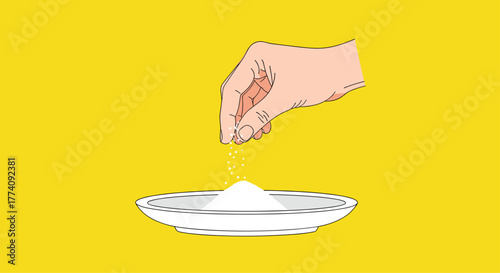 Hand sprinkling white granular salt onto a pile on a white plate against a bright yellow background