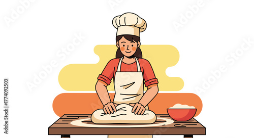 Joyful baker kneads dough with a smile, creating delicious bread in a vibrant kitchen, perfect for culinary inspiration