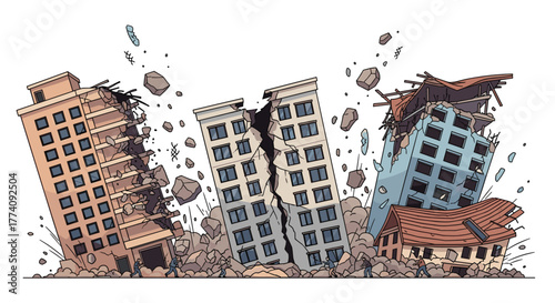 Buildings crumble dramatically during a powerful earthquake, scattering debris and symbolizing disaster and destruction