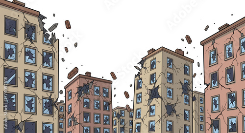 Devastated city buildings with shattered windows and falling debris, depicting urban destruction and disaster aftermath
