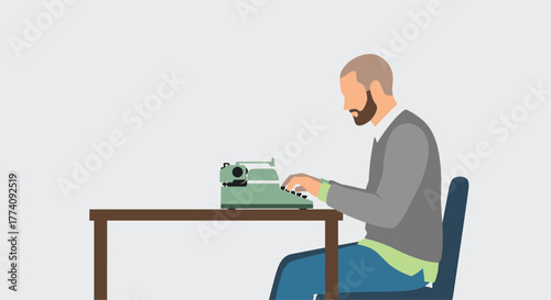 Man with beard diligently typing on vintage typewriter at wooden desk, capturing timeless writing process and creativity