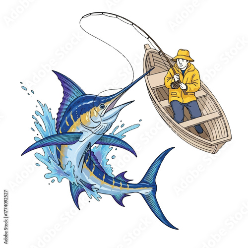 A classic fishing scene featuring a man on a small boat catching a fantasy-inspired blue marlin
