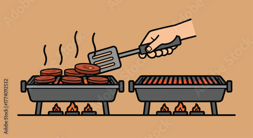 Sizzling burgers flip on a hot grill creating delicious outdoor summer barbecue vibes