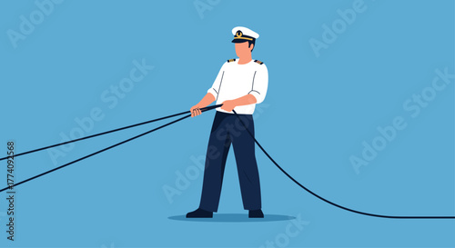 Confident ship captain expertly maneuvering heavy ropes on a clear blue sea, symbolizing leadership and control