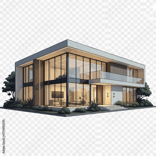 A minimalist modern home featuring wide glass panels, geometric structure, soft garden plants, and refined lighting