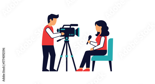 Capturing engaging stories professional videographer interviews journalist delivering breaking news in dynamic studio setting