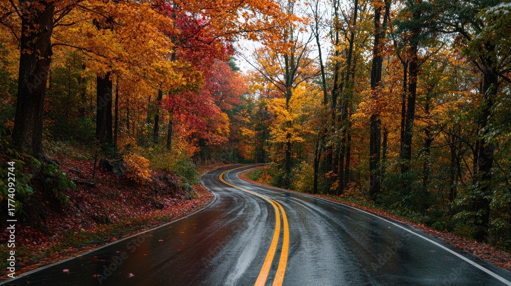 Obraz premium Wet winding road through forest with vibrant autumn foliage colors.
