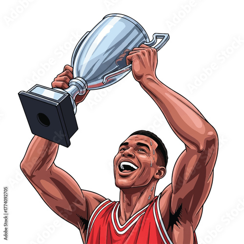 A victorious basketball star holding a silver trophy, smiling widely with sweat of triumph