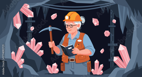 Experienced female geologist expertly studies rare crystals within a stunning underground mine filled with geological wonders