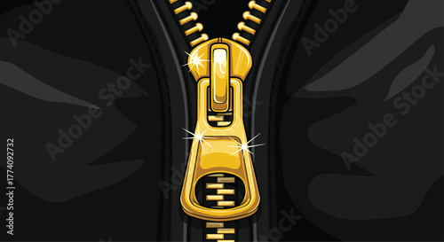 Luxurious golden zipper gleams on black fabric, symbolizing fashion, closure, and premium design for stylish apparel and accessories