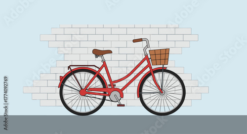 Charming red vintage bicycle with front basket parked against a light brick wall, evoking a sense of carefree adventure and urban exploration