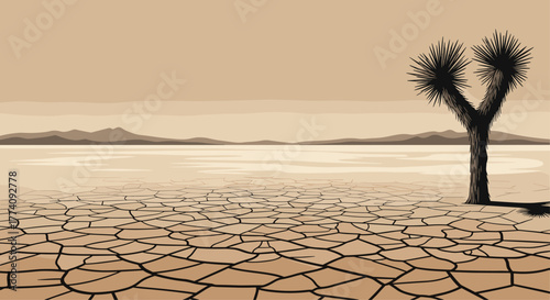 Stunning desert landscape with cracked earth, solitary Joshua tree, and distant hazy mountains under a vast, muted sky