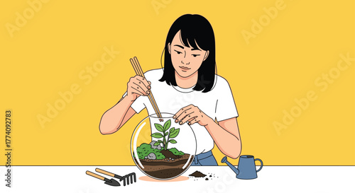 Creative young woman meticulously crafting a beautiful terrarium with plants and moss, bringing nature indoors with care and focus