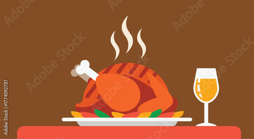 Savor the delicious aroma of a perfectly roasted Thanksgiving turkey dinner with a refreshing glass of golden wine