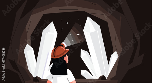 Curious explorer discovers shimmering crystal cave, illuminated by headlamp's glow, revealing hidden treasures and natural wonders