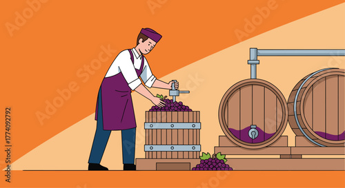 Skilled winemaker diligently pressing fresh grapes for artisanal wine production in a rustic winery setting