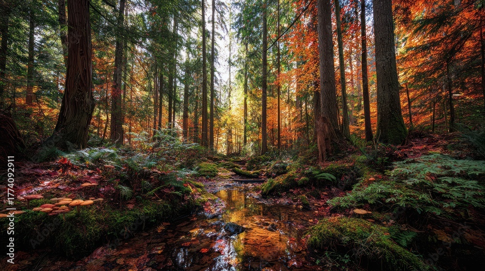 Fototapeta premium Sunlit autumn forest with a small stream flowing over colorful ground.