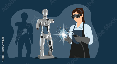 Skilled artisan crafts futuristic metallic sculpture with welding torch, sparks flying, symbolizing creation and innovation