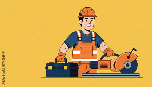 Skilled construction worker with tools prepares for building project, ready for hard work and industrial tasks