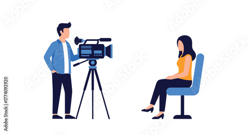 Captivating interview scene with a professional cameraman filming a seated woman, perfect for media production and content creation