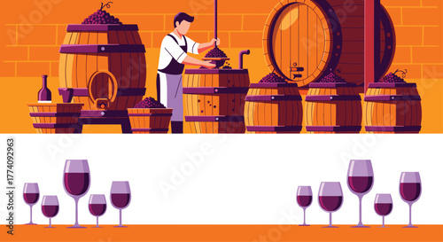 Skilled vintner crafting fine wine among oak barrels filled with ripe grapes, ready for fermentation and tasting