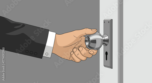 Professional hand in suit jacket opens modern silver doorknob, symbolizing new opportunities and business decisions in a clean office setting