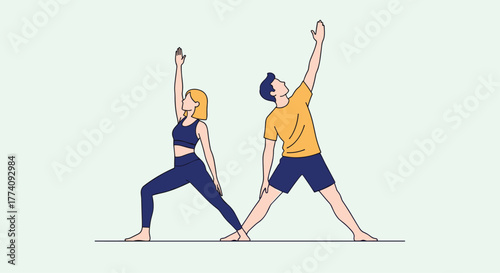 Energetic man and woman performing dynamic yoga poses together in a bright, clean studio setting