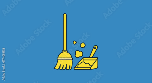 Bright yellow broom and dustpan with debris on a vibrant blue background, symbolizing clean space and household chores