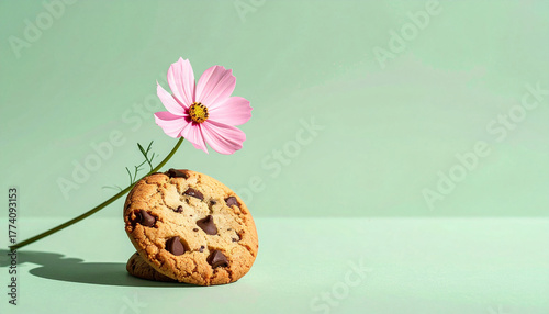Chocolate chip cookie single pastel pink bloom sage green background