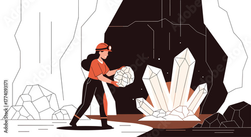 Determined woman miner unearths precious crystals deep within a luminous cavern, discovering hidden treasure