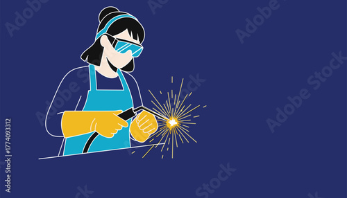 Focused woman welder skillfully creating sparks with torch, wearing protective gear in a clean industrial setting