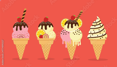 Indulge in vibrant, delicious ice cream cones bursting with flavor and colorful toppings perfect for summer treats and advertising