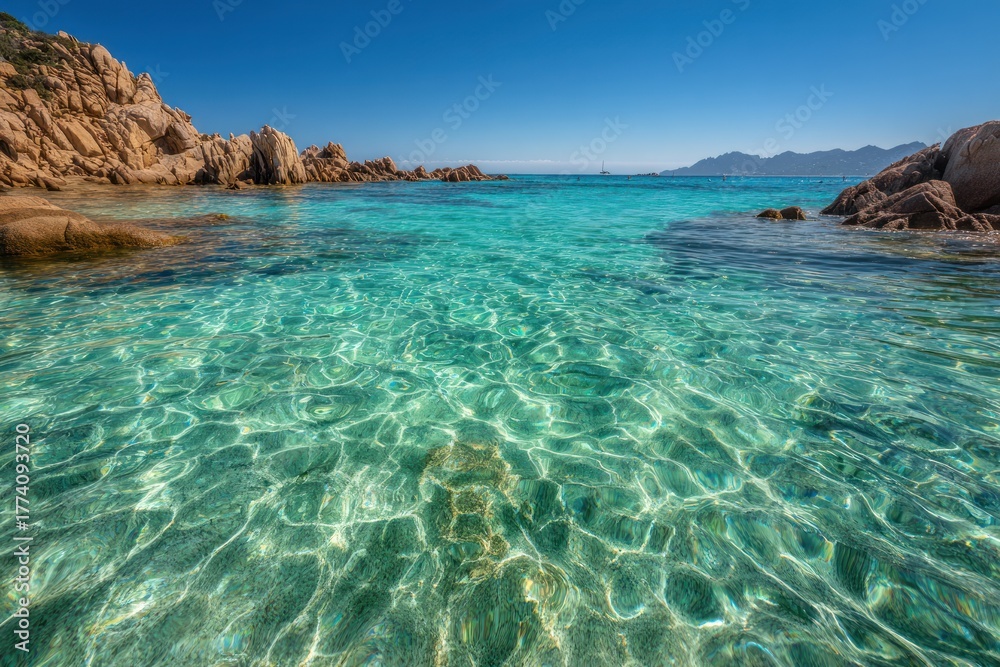 Fototapeta premium Clear turquoise ocean water laps against rocky shoreline under bright blue sky.