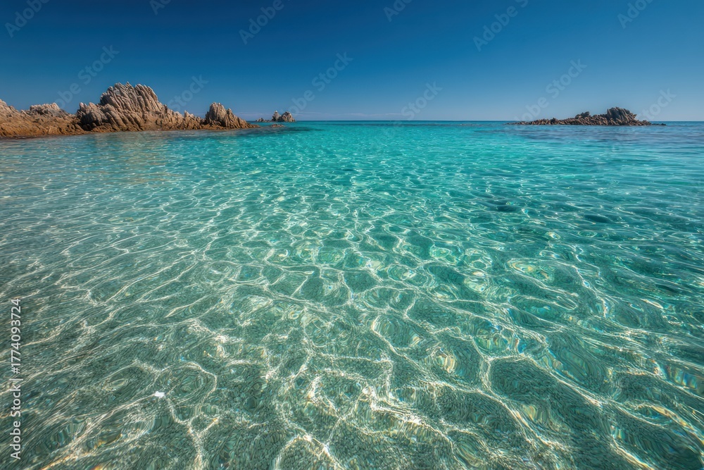 Fototapeta premium Clear turquoise sea water reflects sunlight near rocky shoreline under blue sky.