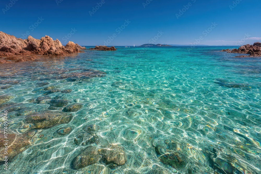 Fototapeta premium Clear turquoise sea water laps against sunlit reddish rocks under a deep blue sky.