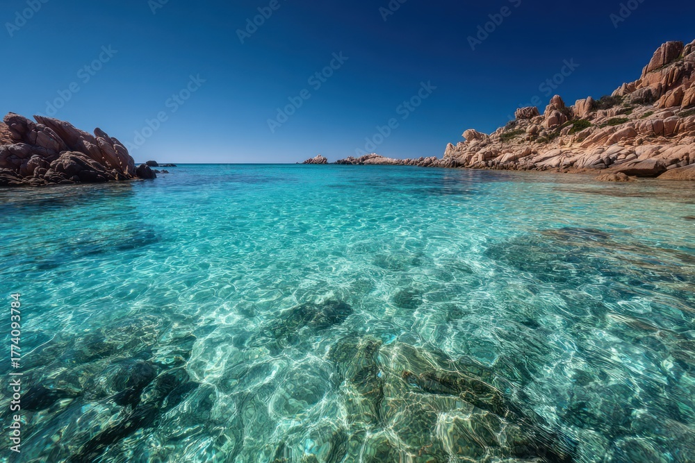 Fototapeta premium Clear turquoise ocean water meets rocky coastline under bright blue sky.