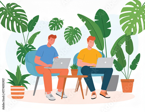 Two men working on laptops in a green, plantfilled space