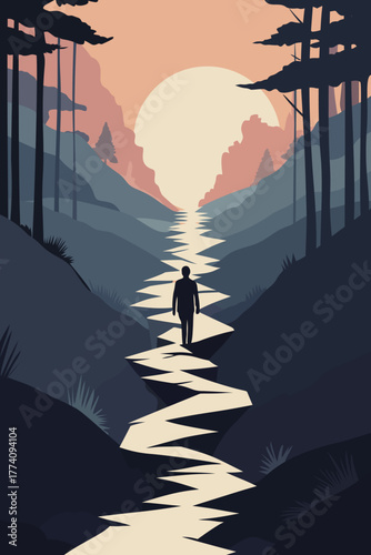 Silhouette of a person walking along a winding path through a valley toward the sunset, symbolizing life’s journey, hope, and self-discovery in minimalist vector art.