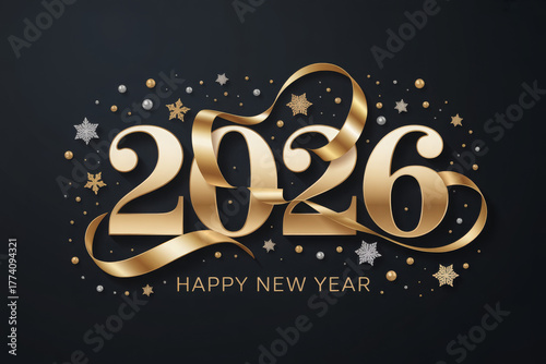 Elegant golden 2026 new year design with ribbon and stars for festive celebrations and greeting cards