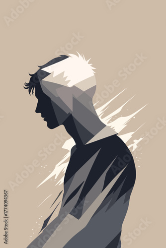Abstract portrait of a man in shades of gray, symbolizing emotional struggle, trauma, and inner conflict in a minimalist modern art style representing mental health themes.