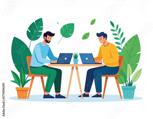 Two men working on laptops outdoors with plants