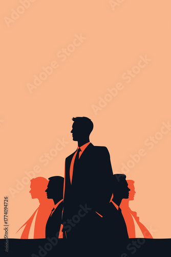 Abstract illustration of a confident businessman standing in front of others, symbolizing leadership, ambition, teamwork, and professional success in modern minimalist art.