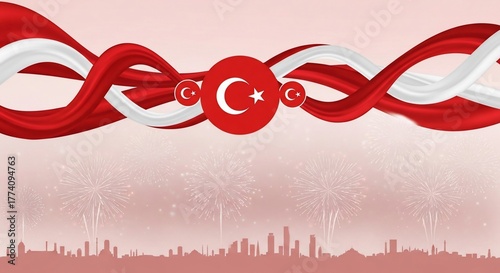 Turkish Independence Day celebration with red and white ribbons featuring national symbols amidst a city skyline.