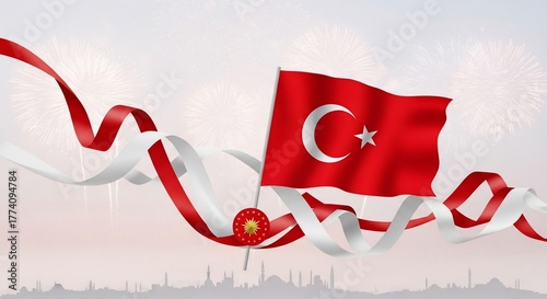 Turkish flag with ribbons and fireworks in the background for national celebration. Turkish flag flying alongside red and white ribbons symbolizing unity and pride in national identity.