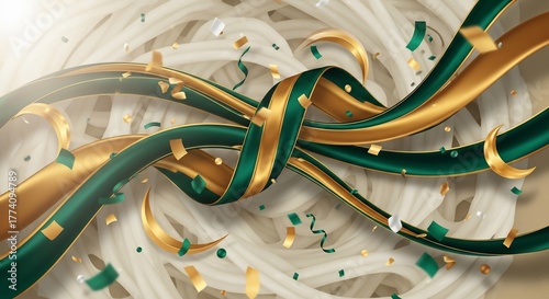 Celebration ribbons swirling with light and confetti on textured background. Colorful ribbons create dynamic motion, enhancing festive atmosphere with shimmering gold and green accents.