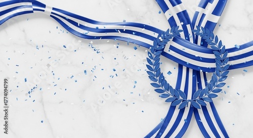 Celebration decorations with blue and white ribbons arranged on marble surface. Festive setup includes woven ribbons and scattered confetti, creating a joyful atmosphere for Greek Independence Day.