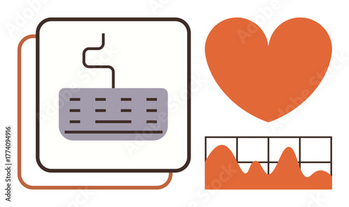 Heart connected to a keyboard and data graph expressing technology, love for digital trends, and analytics. Ideal for innovation, IT culture, creativity, digital transformation, connectivity