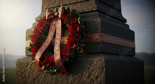 Wreath of remembrance with red poppies on stone monument in misty background. Wreath symbolizes honor and remembrance with vibrant flowers and decorative ribbon.