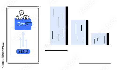 Mobile wallet sending cryptocurrency with visualized coins and upward arrows. Adjacent bar chart tracks financial trends. Ideal for fintech, cryptocurrency, analytics, finance apps, investment