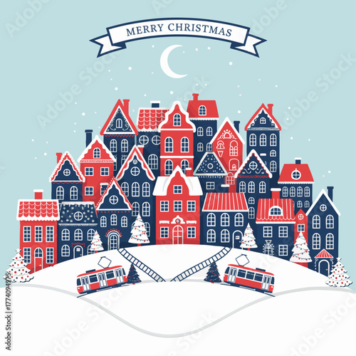 Vibrant Christmas Village Illustration in Paper Cut Style